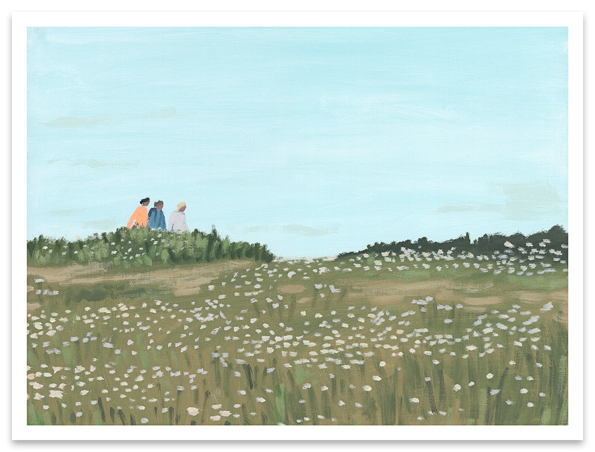 Jean Jullien print of three figures in the distance walking through a field 