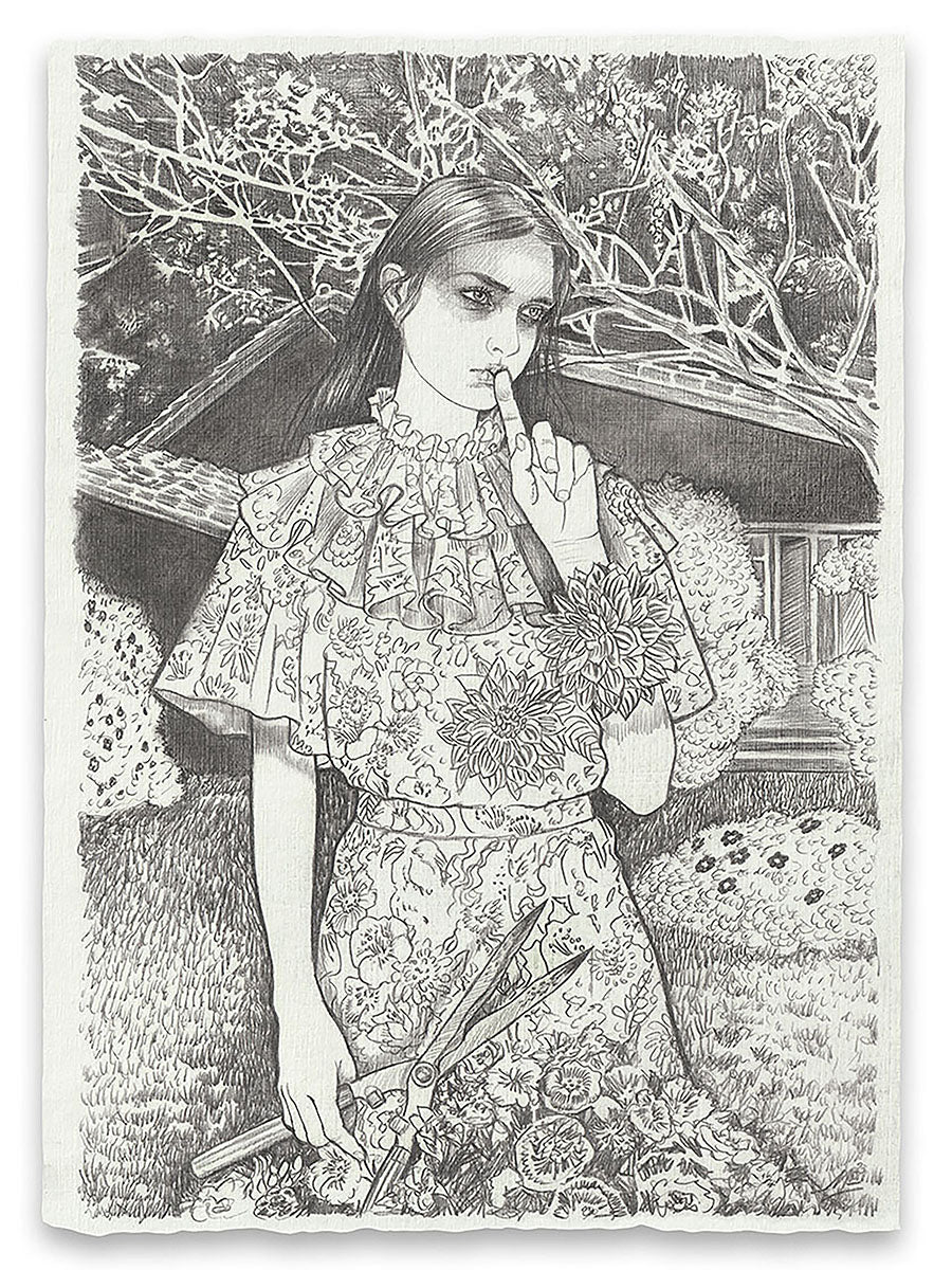 Martine Johanna print image of a woman with her hand pointing to her lips and the other is holding a pair of sheers. . There si a tree and a small house n the background