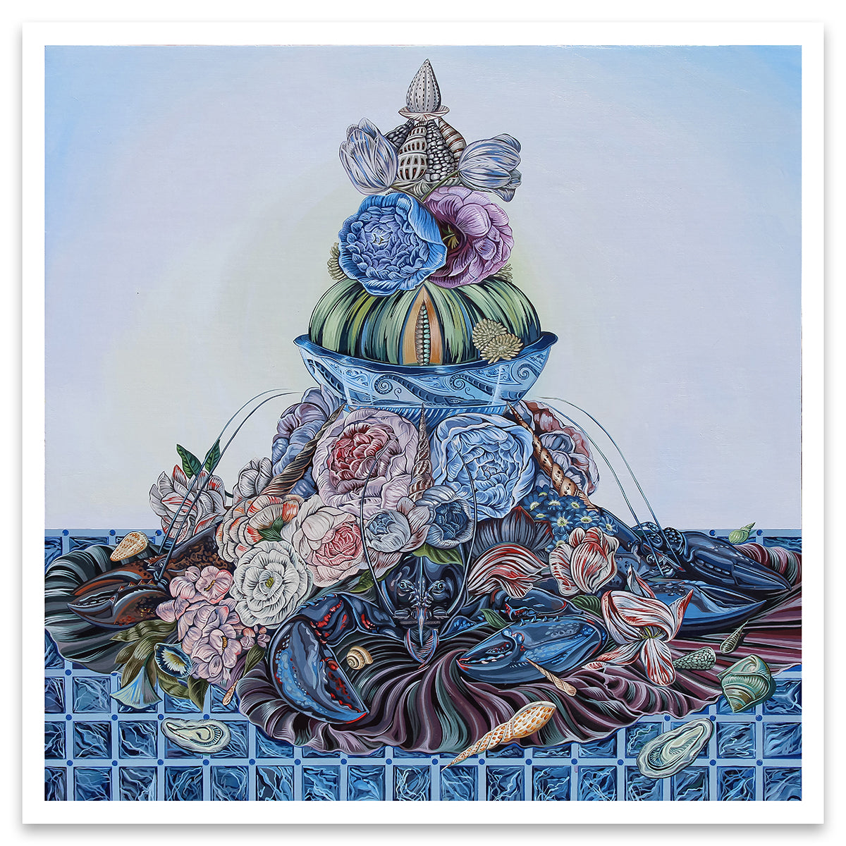 Sabrina Bockler print of feast on table piled up - lobsters, florals, melons, etc