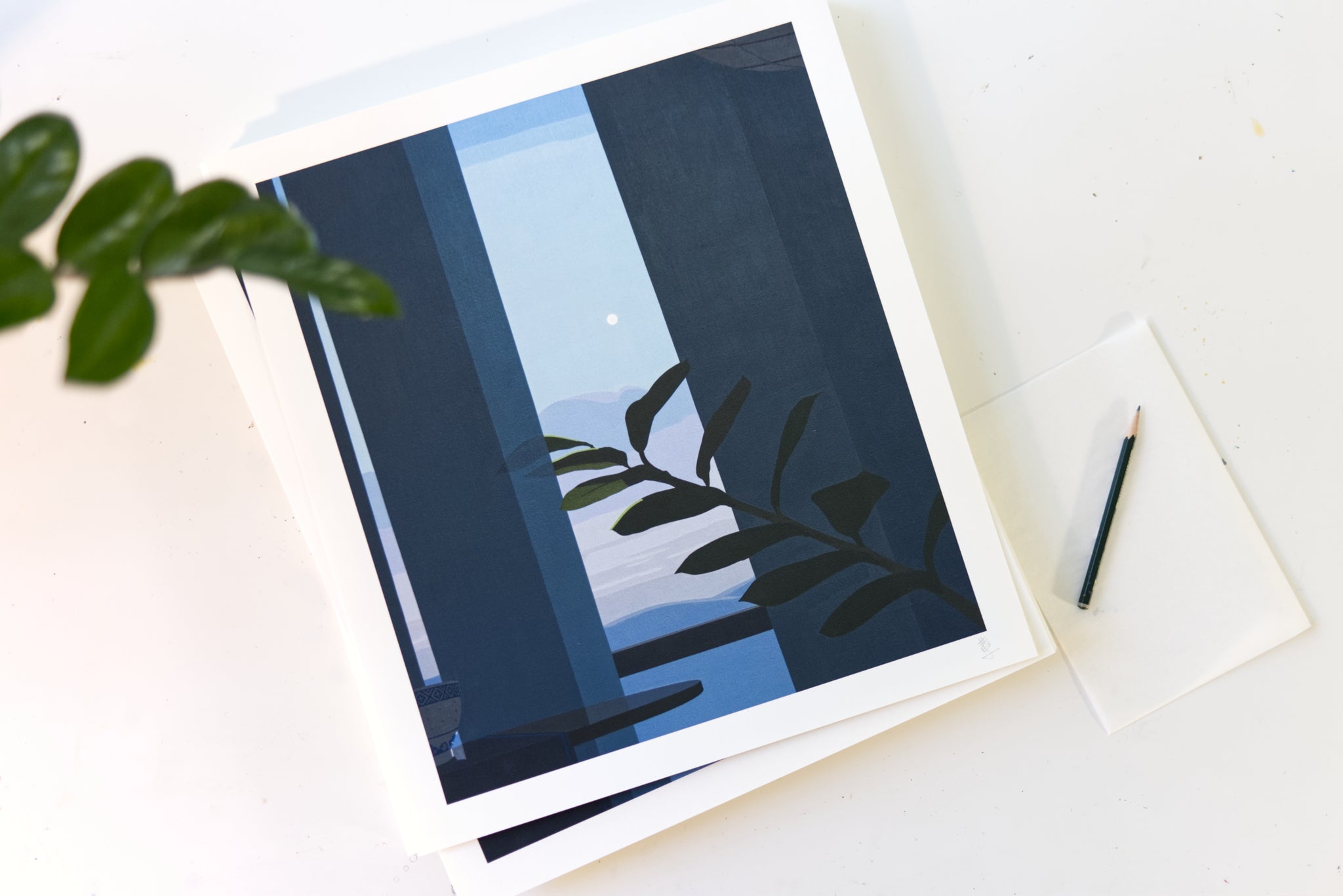 Art print of a modern interior with plants on a white surface