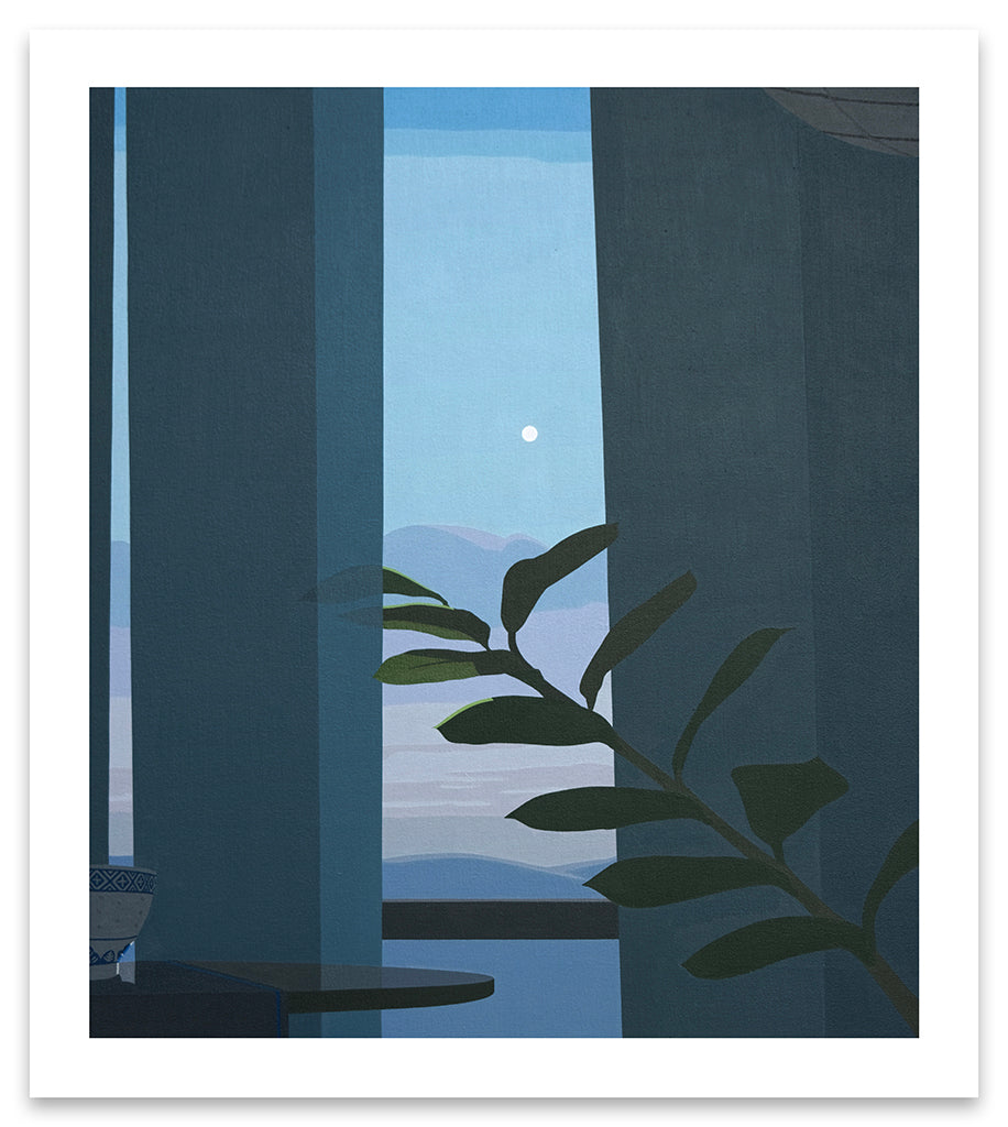 print by artist Adrian Kay Wong depicting a blue-toned still life of a curtained window, a leafy stem, and a soft sky with a tiny moon and grey and purple clouds