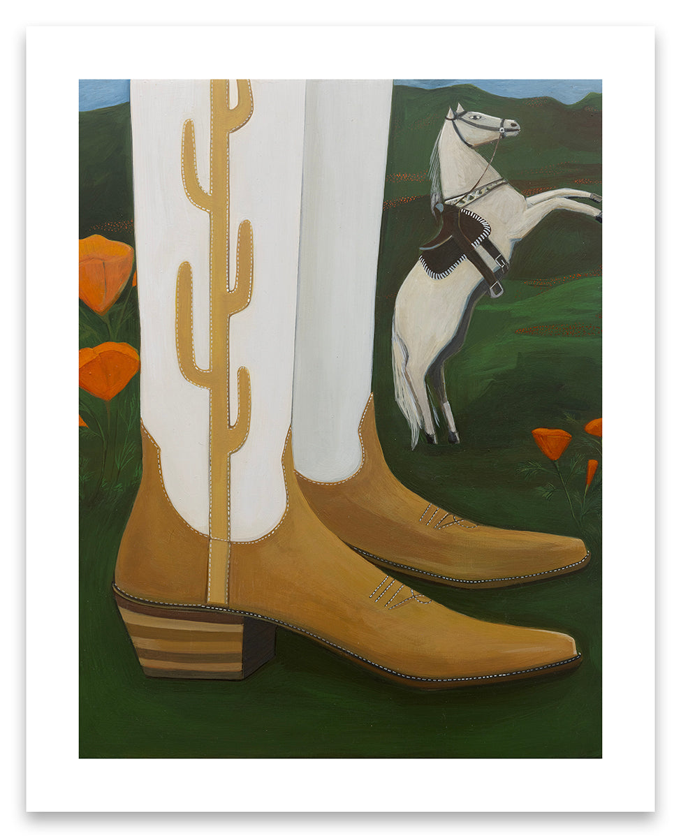 Angela Burson image of cowboy boots next to a small horse with thick white border