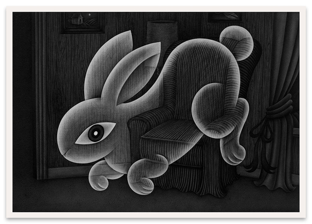 black and white print of a ghost rabbit floating in a living room