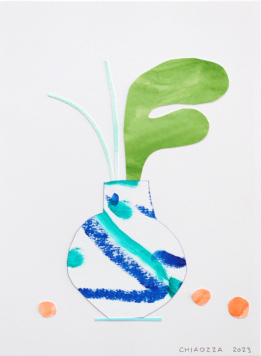 CHIAOZZA - paper collage of green lumpy leaf and light cyan stems coming out from a white with blue diagonal stripe and dot vase with orange circle near by them
