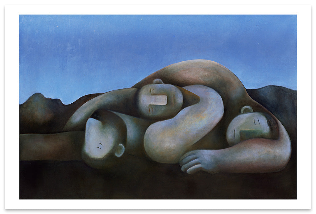 Carlos Rodriguez - print of four men laying on the floor and cuddling one another. The background is in dark blue.