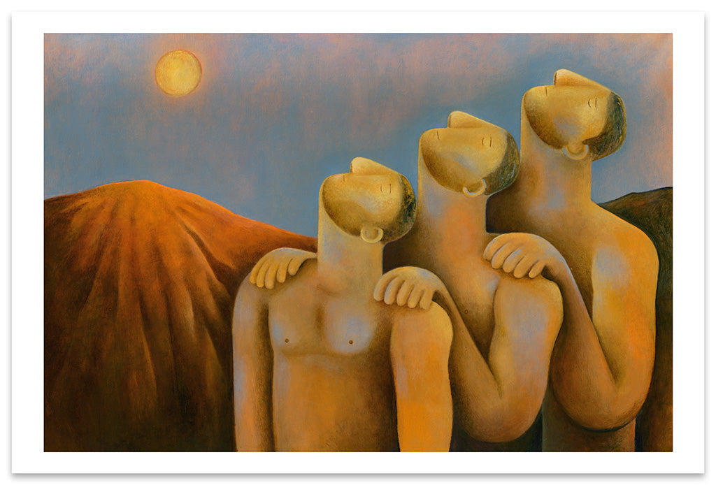 Carlos Rodriguez print of three men in nudity and have their head tilted upwards. They stood in line with their hands on another's shoulder in front of the mountain and sun on the left