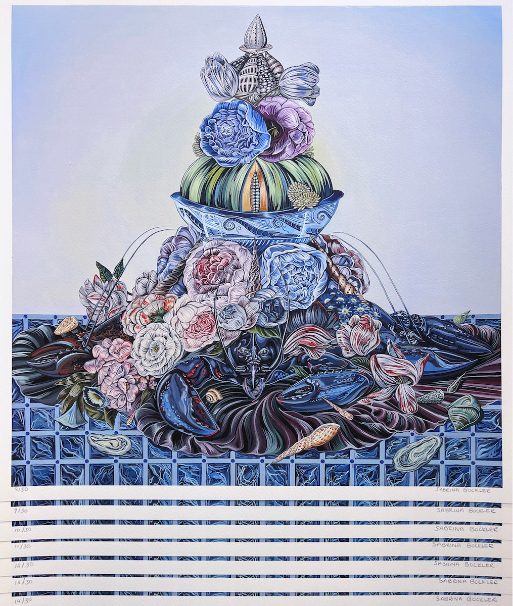 Stack of Sabrina Bockler print of feast on table piled up - lobsters, florals, melons, etc