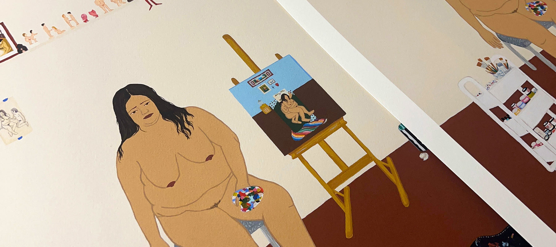 detail of prints of a large nude woman in a beige room, seated in front of an easel with a painting in progress. The room is relatively bare besides a shelf with many erotic objects and tchotchkes, and miscellaneous art supplies by Gina M. Contreras