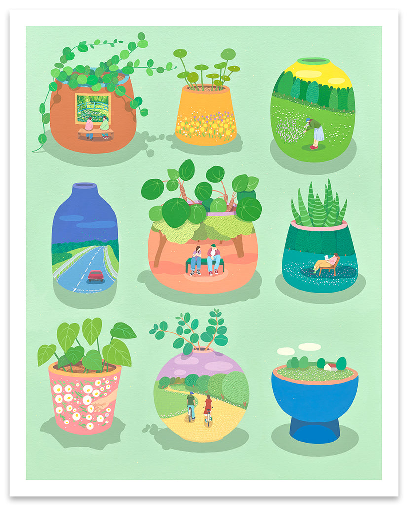 Danym Kwon print of vases with plants on green background. Each vase has details such as people in fields, cars driving down lanes, people on bicyclyes