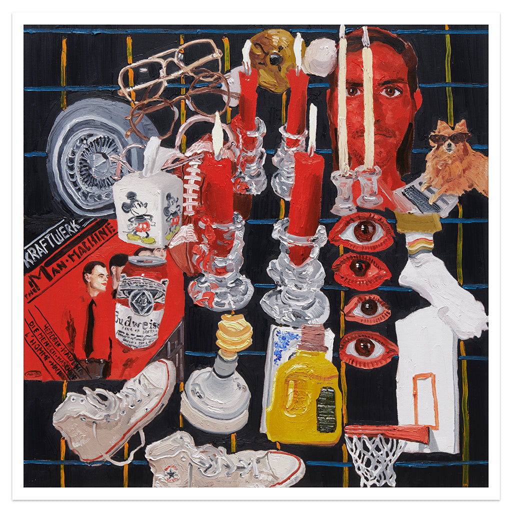 Collage painting of Converse shoes, laundry detergent bottle, eye glasses, eyes, basketball hoop, socks, a wheel and several other things on a black background with yellow and blue checkered stripes