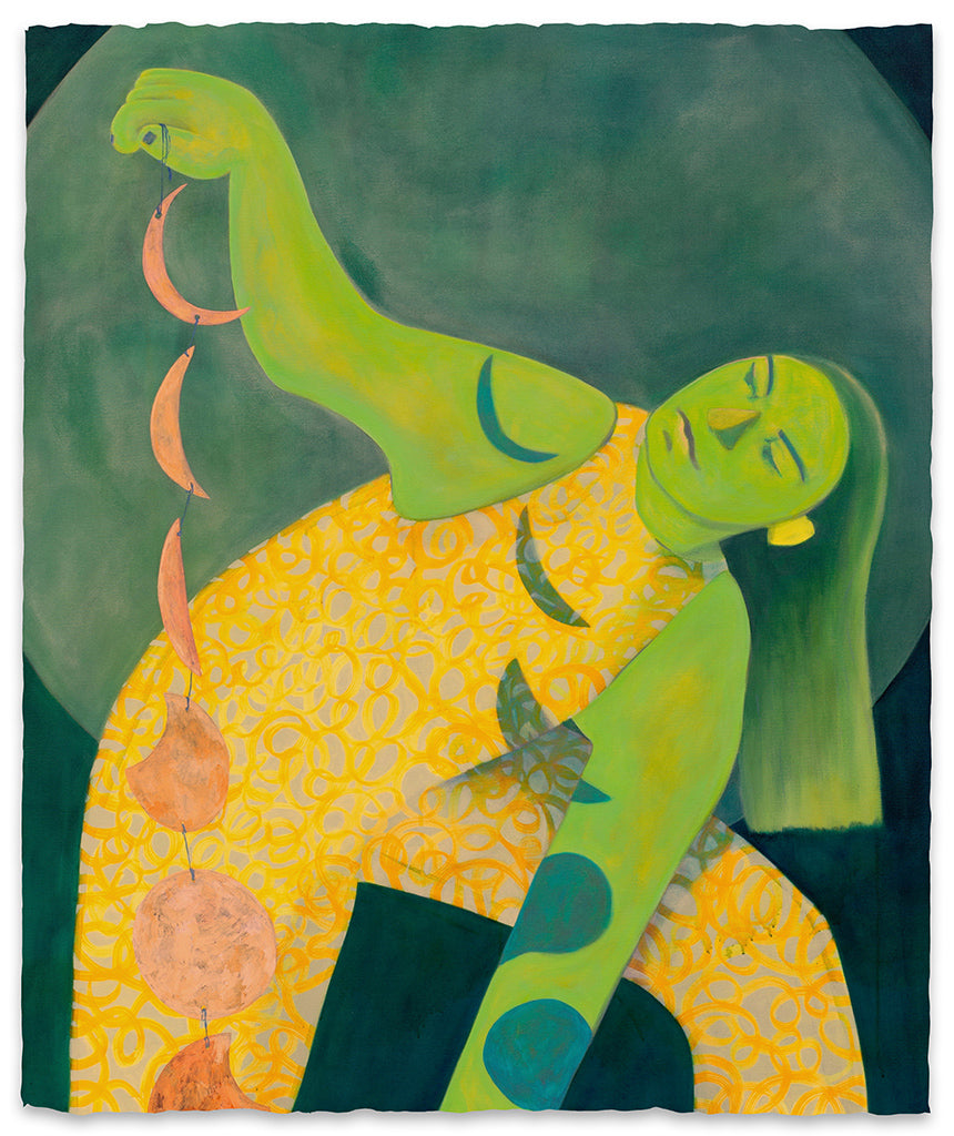 Genevieve Cohn painting in tones of green and yellow of female figure bending while holding cutout of moon in different stages