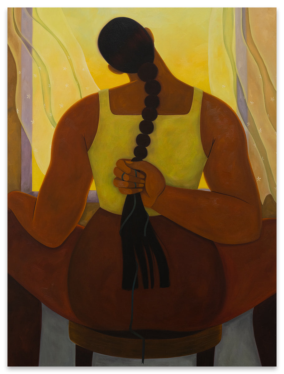 the back of a woman seated on a stool with her right hand holding her braided hair