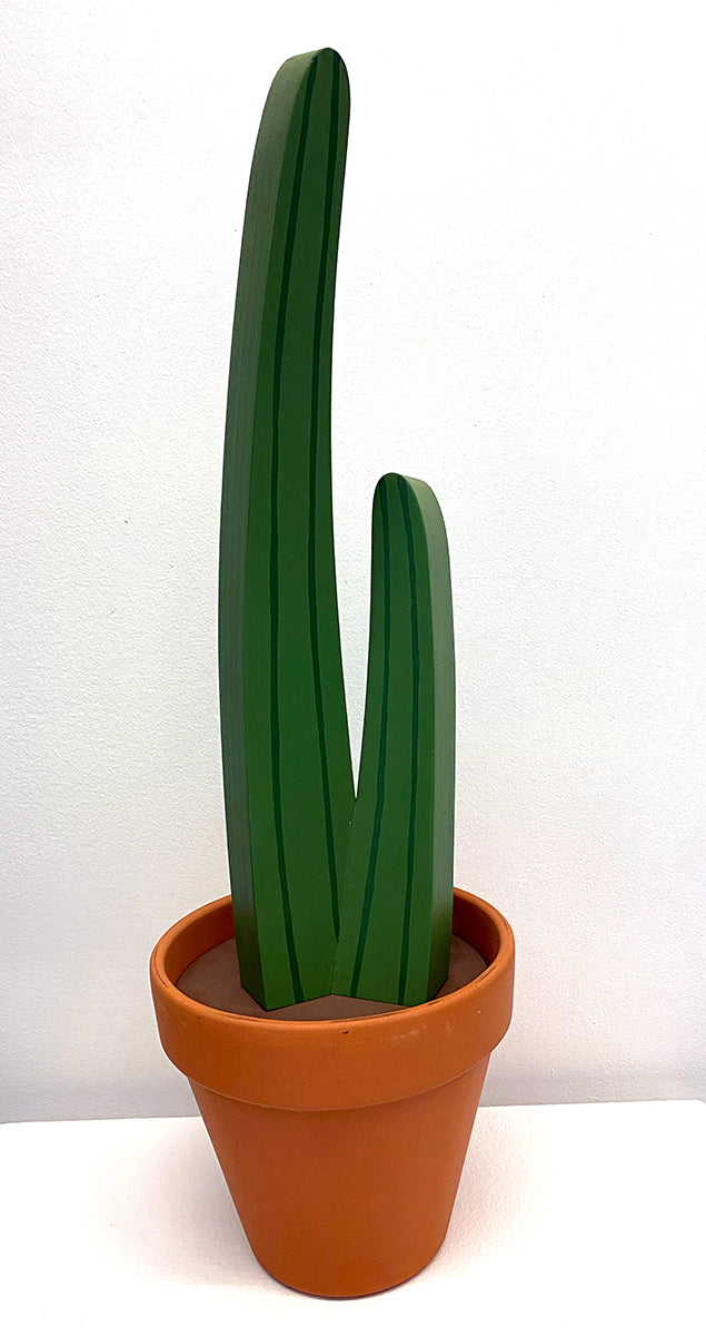 Wooden sculpture of a cactus in a terracotta pot 