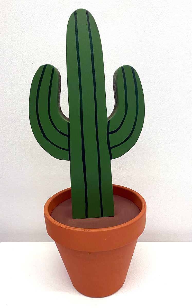 Wooden sculpture of a cactus in terracotta pot