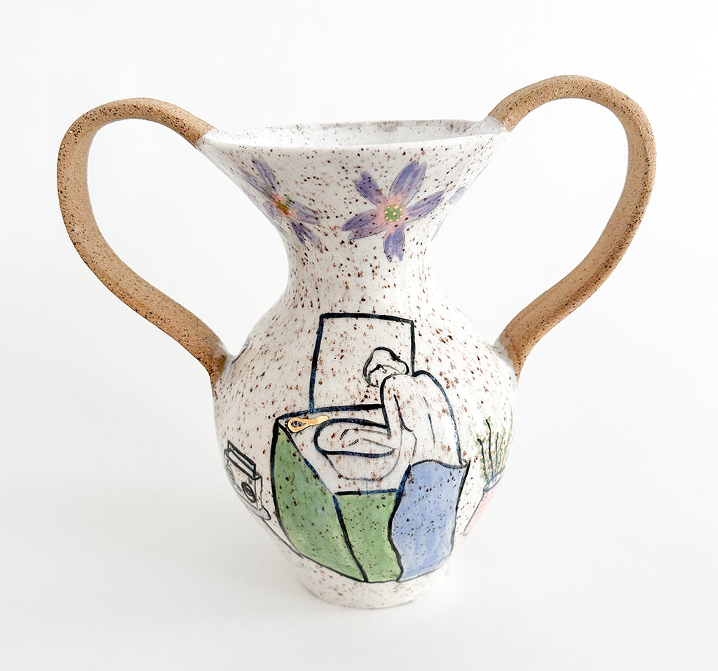 Photograph of a ceramic vase with multicolor glaze and drawings of a figure bathing by Jen Dwyer