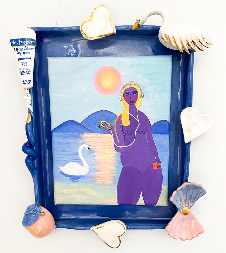 Oil painting of a nude purple woman on a beach set in a ceramic frame with gilded beach-themed elements by Jen Dwyer