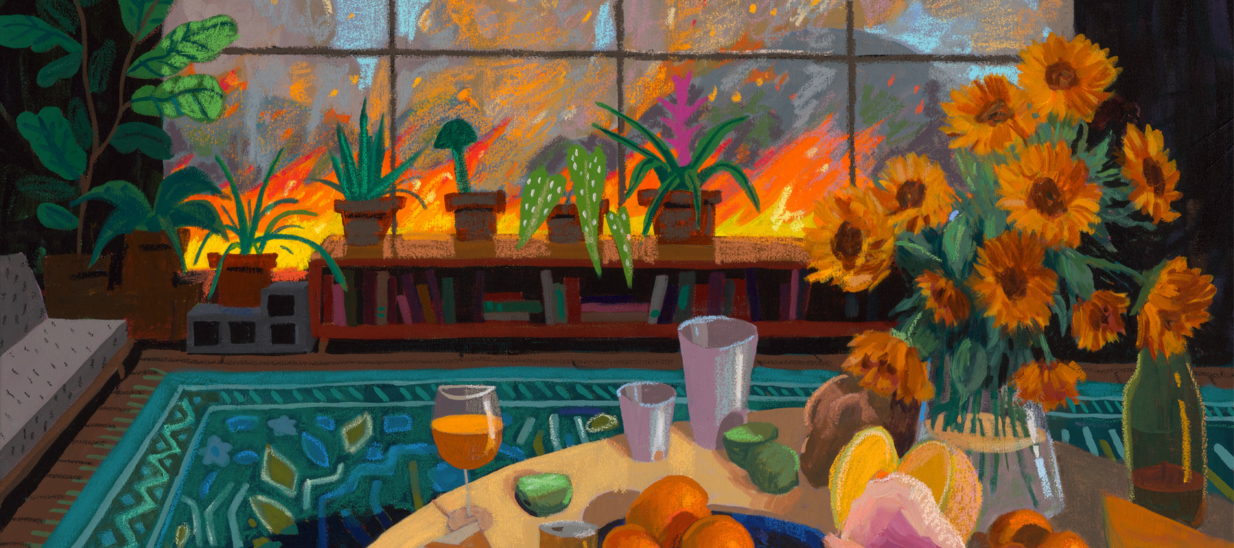 Room interior with plants, a table with drinks and fruit, and a large window with a sunset and fire view.