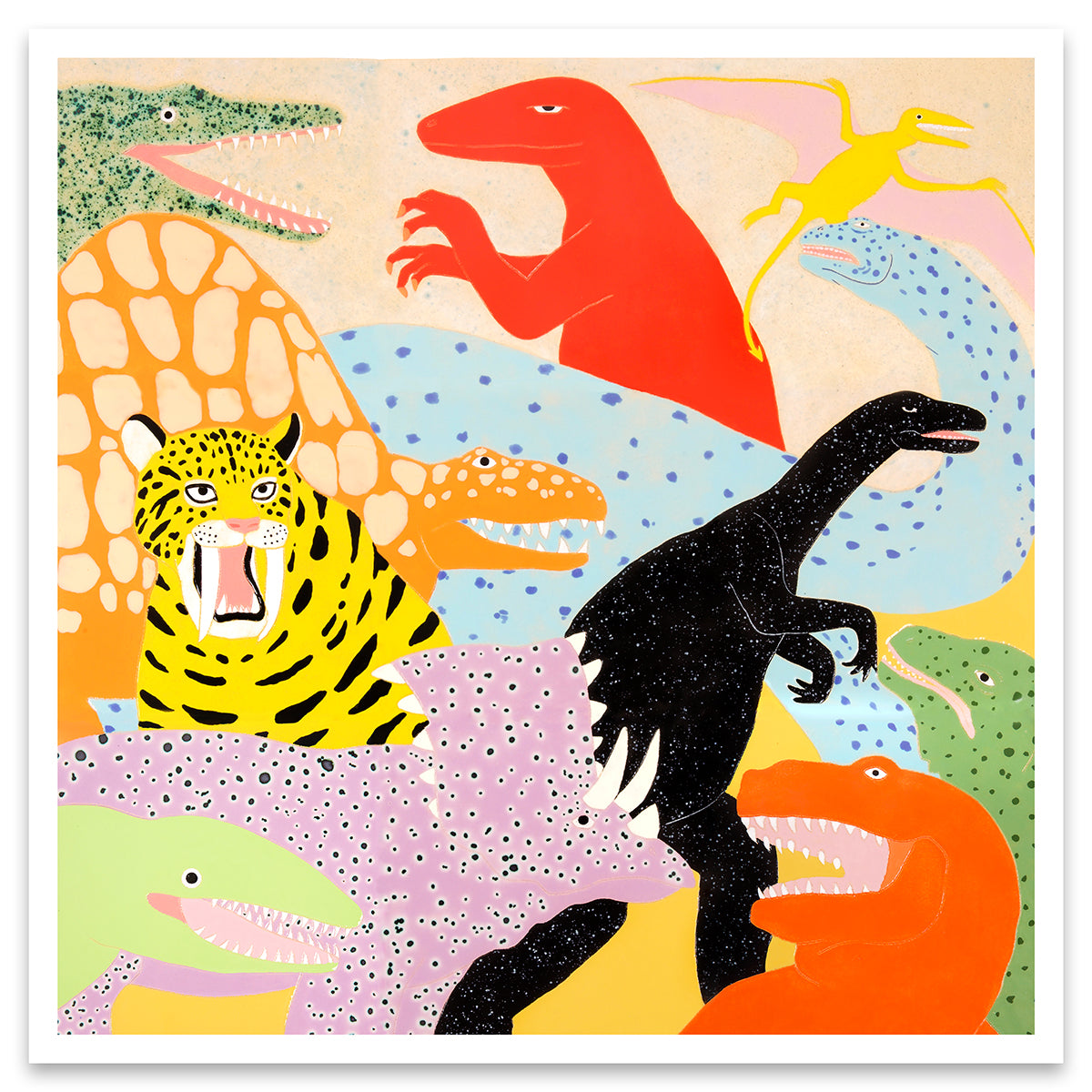Lorien Stern print of brightly colored dinosaurs