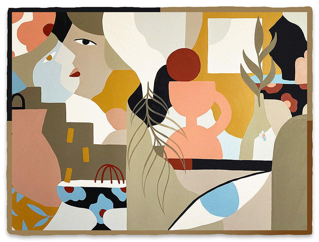 Madi print of abstracted and cubist figures and vessels in jewel / earth tones