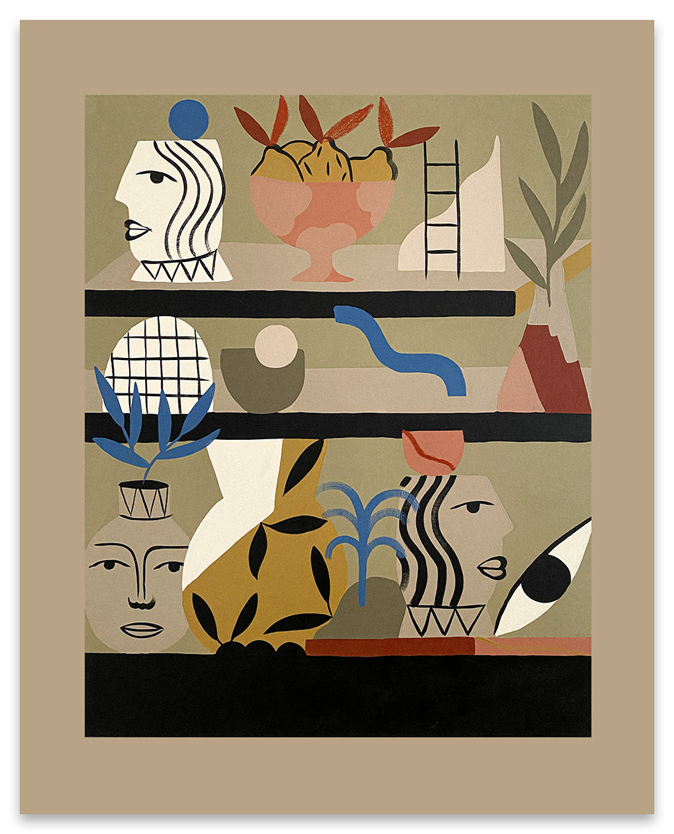 Madi print of vases, faces and plants on beige paper with thick border