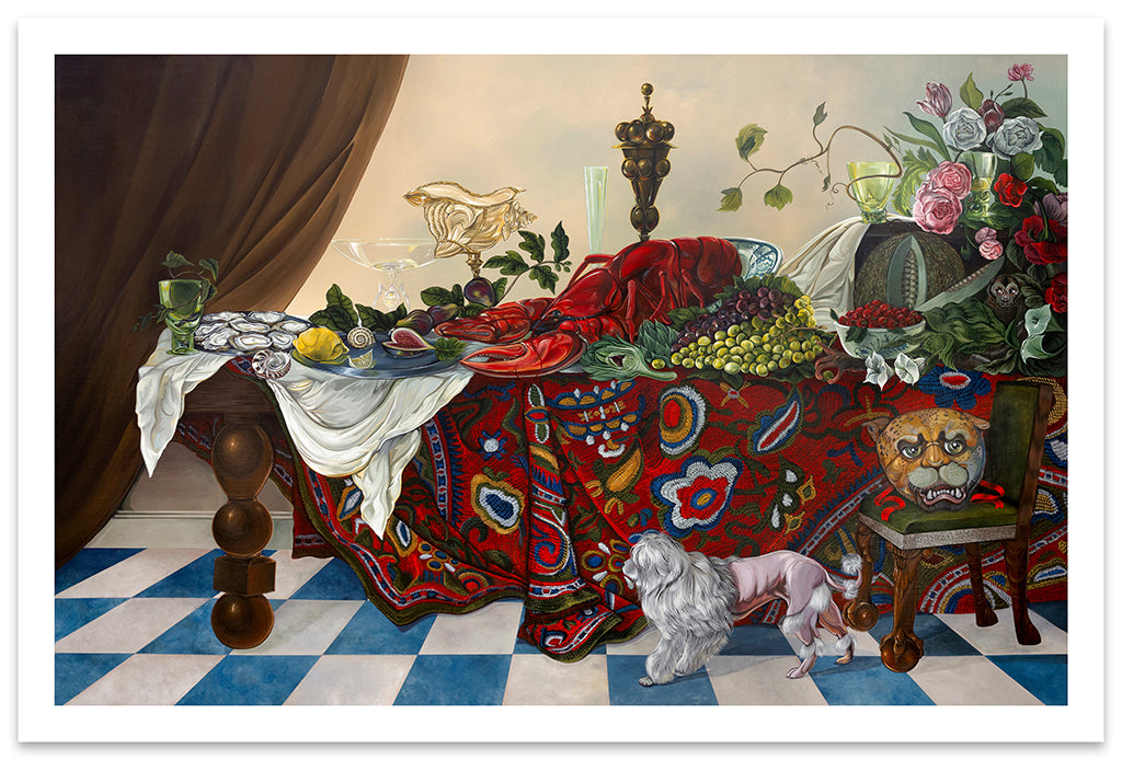 Sabrina Bockler print of tablescape with giant lobster, flowers, fruit and seafood. Dog in foreground walking on tiled floor. Leopard mask on chair