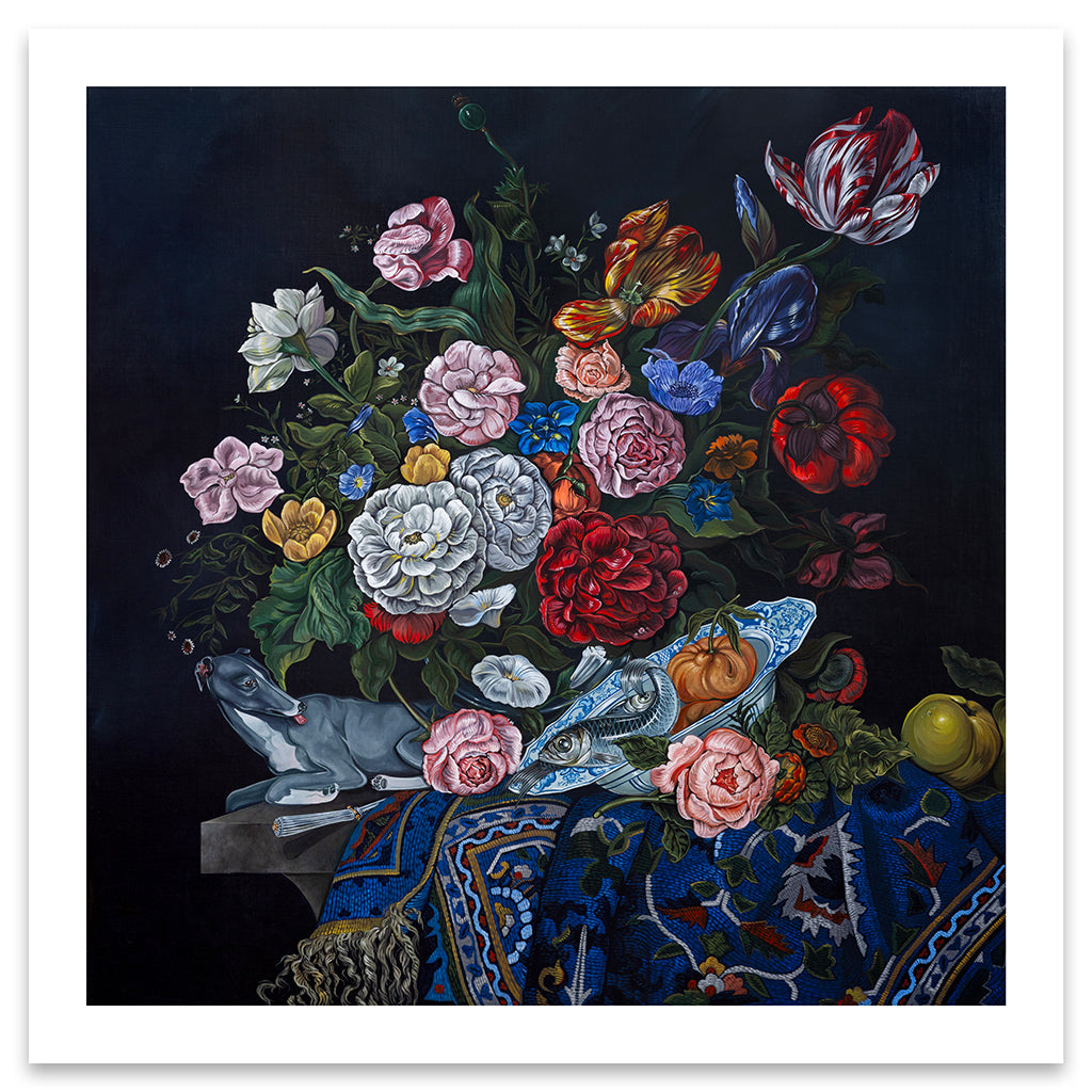 print of a still life featuring a bouquet of flowers, a grey dog, and an ornately patterned blue cloth against a black background by Sabrina Bockler