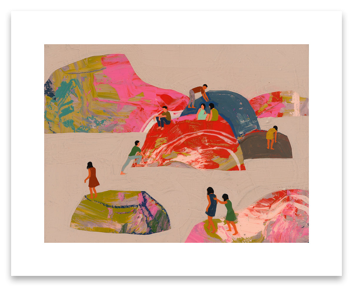 Seonna Hong print of people standing and climbing onto rainbow colored rocks over a beige background 