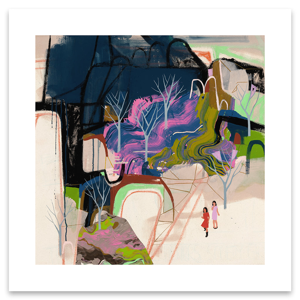 Seonna Hong print of colorful abstracted landscape with two small figures