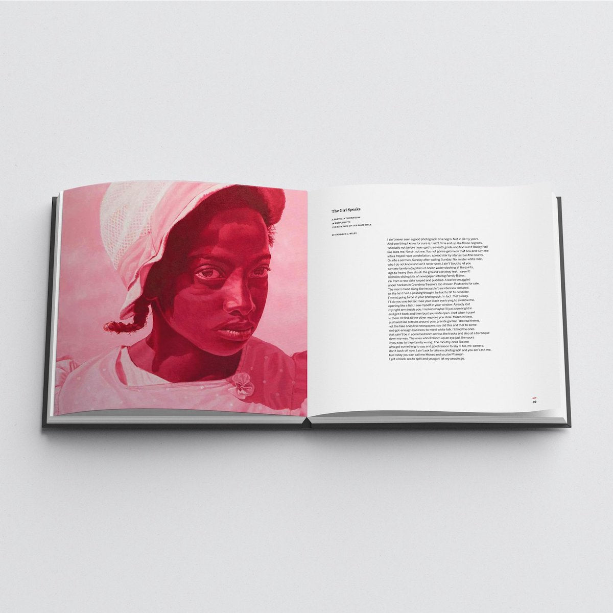 book pages, on right is painting of girl's face wearing hat painted in red tones