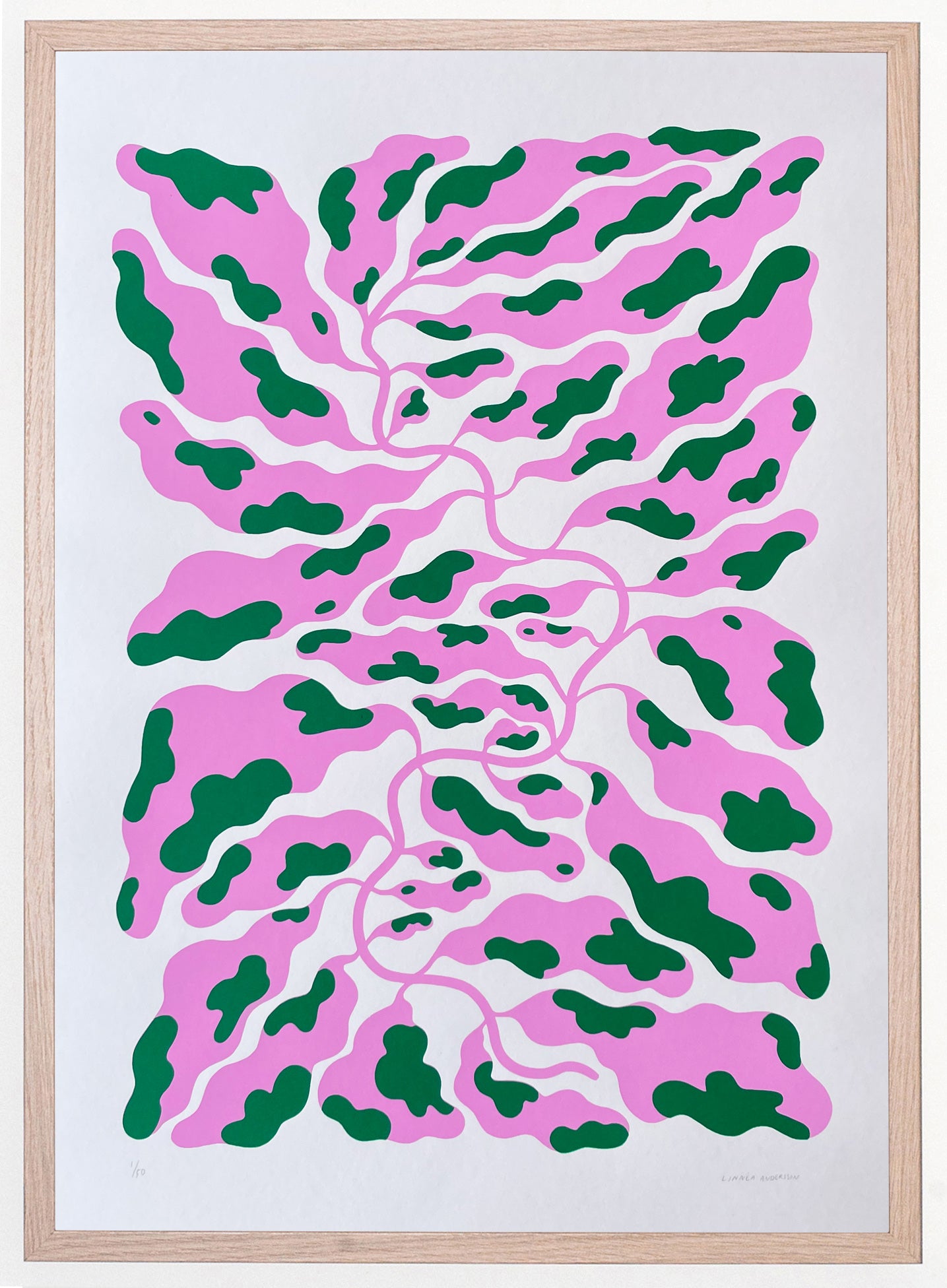 Limited edition print by Linnea Andersson for The Jaunt of a pink and green spotted leaf on a white background