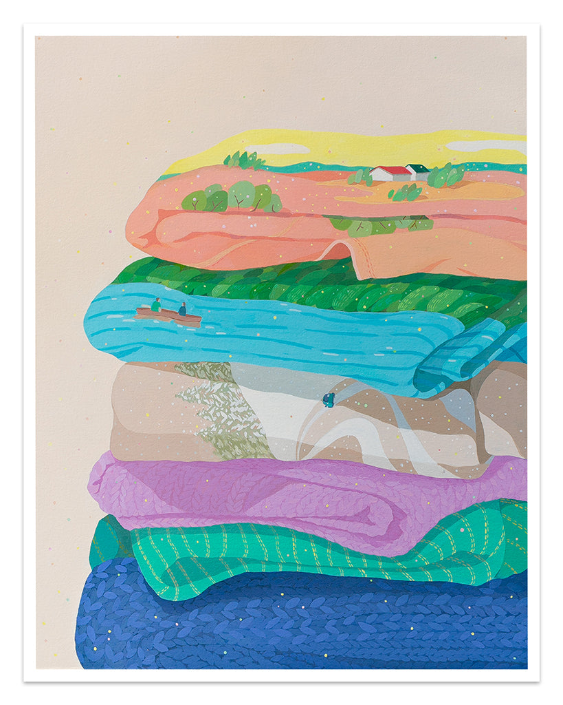 Danym Kwon painting of quilts with landscapes depicted on them, pastel colors 