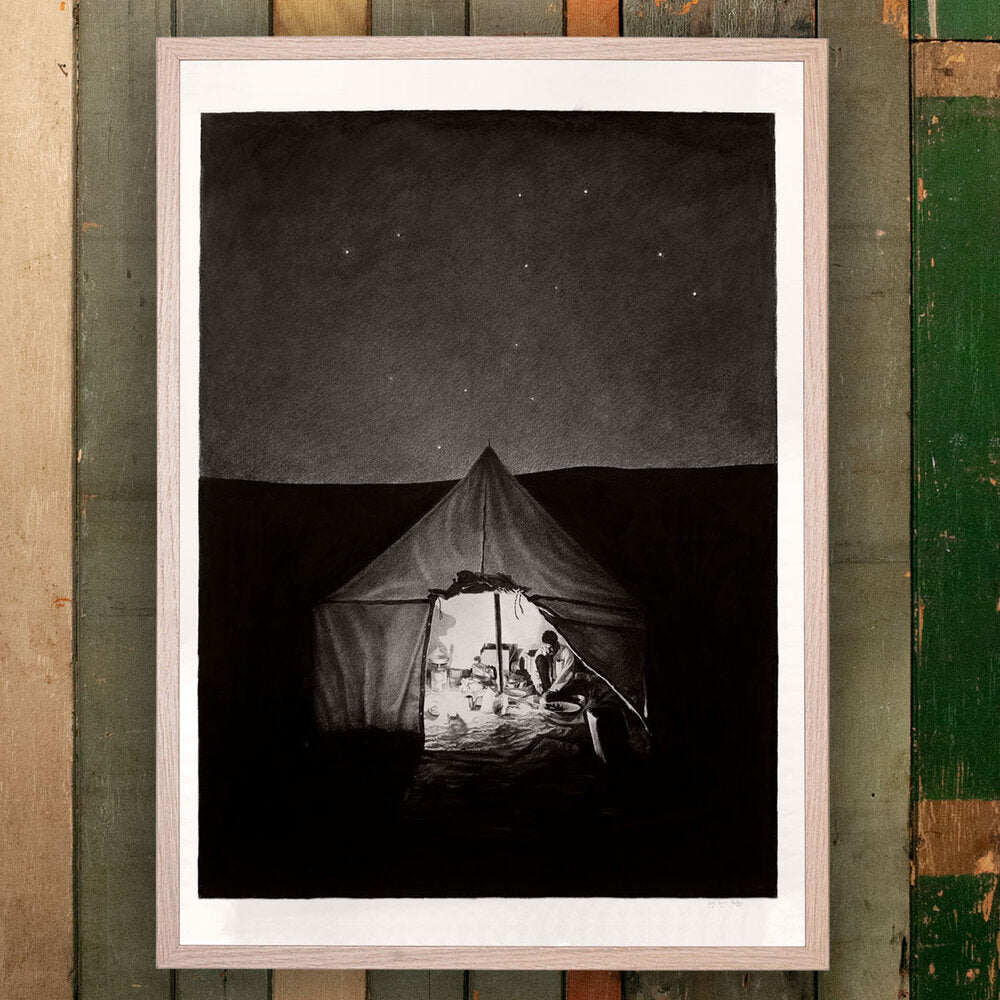 Limited edition print by Joel Daniel Phillips for The Jaunt of a man in a person in a tent in black and white
