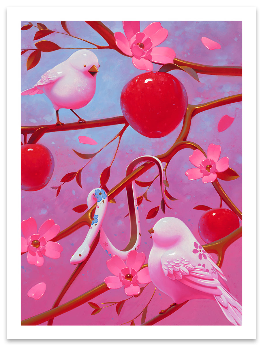 Megan Ellen MacDonald print of fruits on branches with porcelain birds and snake