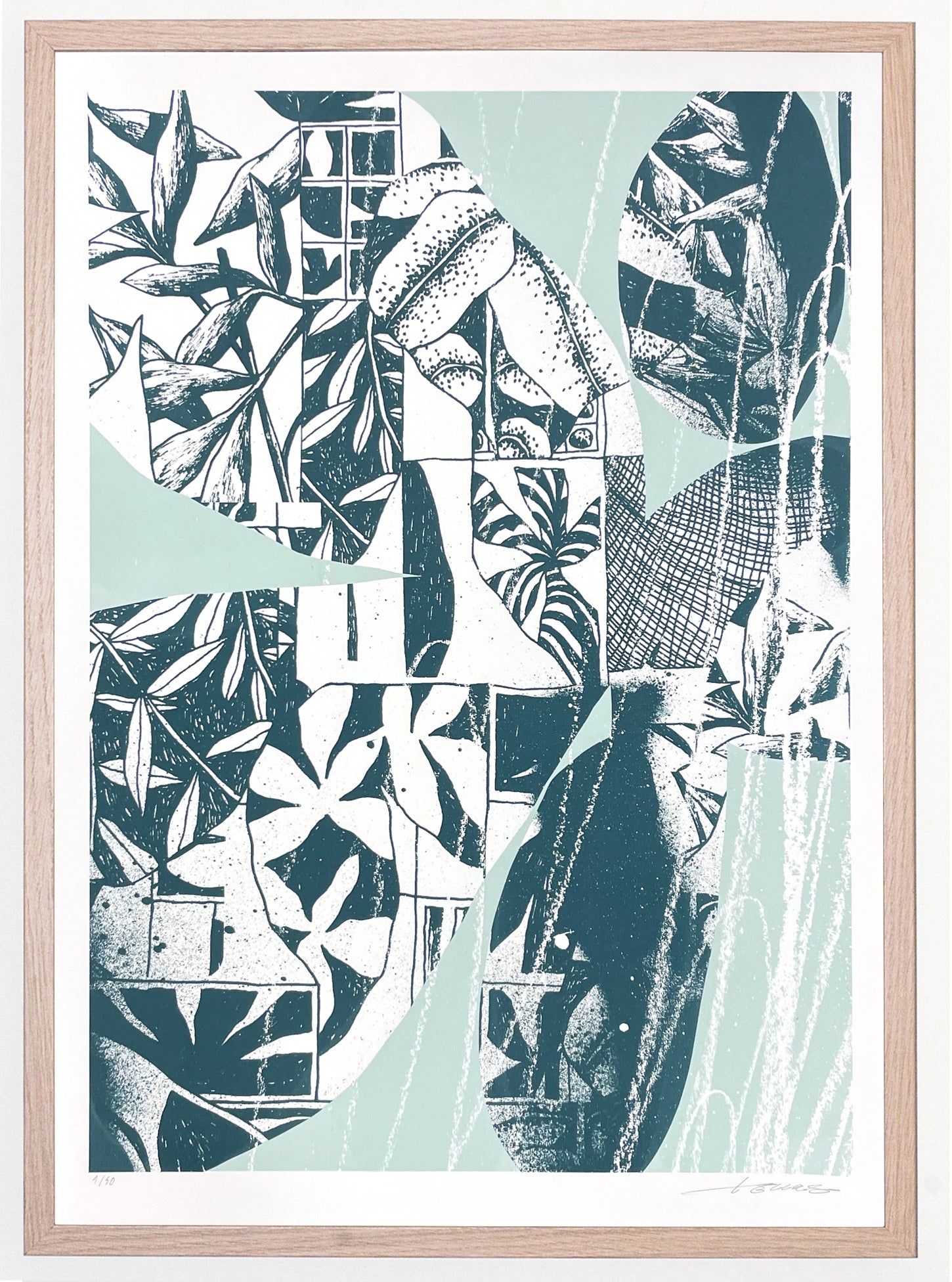 Limited edition print by Tellas for The Jaunt of abstract foliage in dark and light green on a white background 