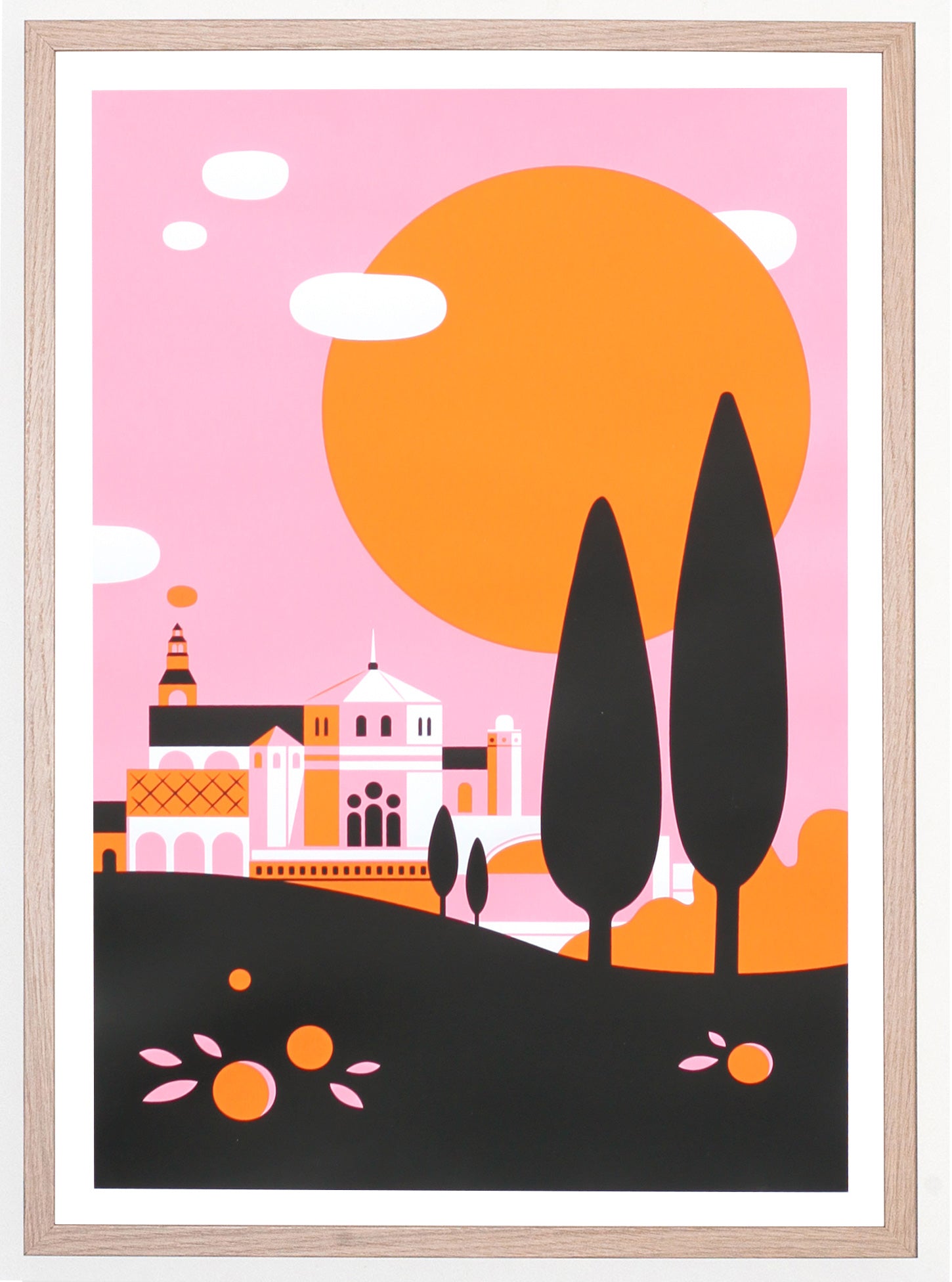Limited edition print by Petra Eriksson for The Jaunt of a building on a hillside with four teardrop shaped trees and a large orange sun in a pink sky