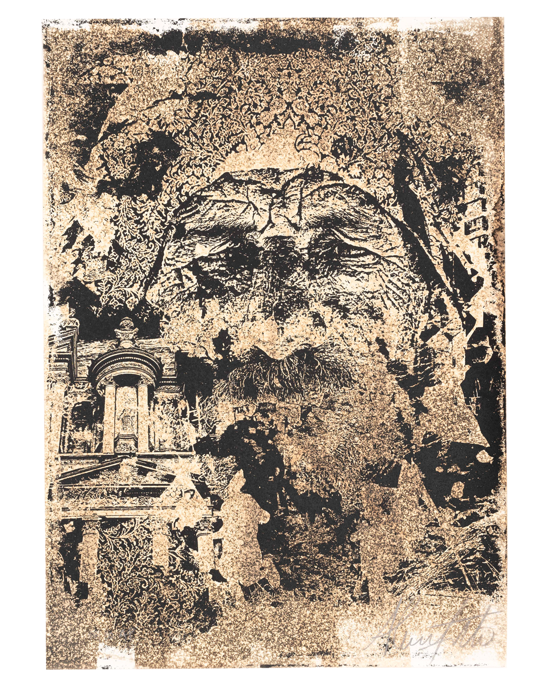 Limited edition print by Vhils for The Jaunt of an elderman with facial hair and the silhouette of a building overlaid on his face. 